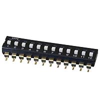 Same Sky (formerly CUI Devices) DS04-254-2-12BK-SMT-TR DIP Switches DIP Switch, SPST, 2.54 pitch, flat actuator, SMT, Tape and reel, 12 position, Black