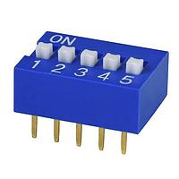 Same Sky (formerly CUI Devices) DS01C-254-S-05BE DIP Switches DIP Switch, SPST, 2.54 pitch, raised actuator, covex bottom, Short pin, 5 position, Blue