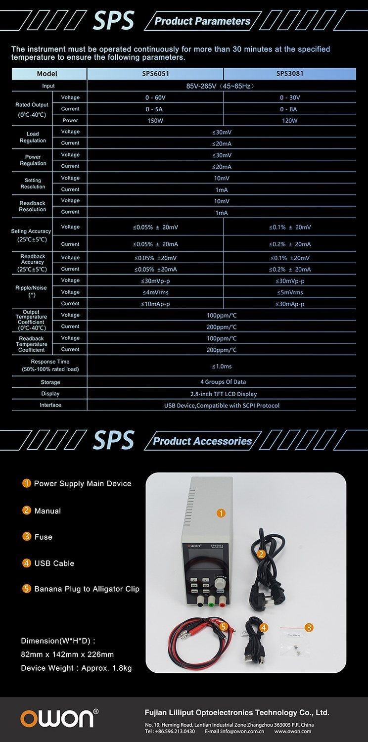OWON SPS programmable DC power supply features