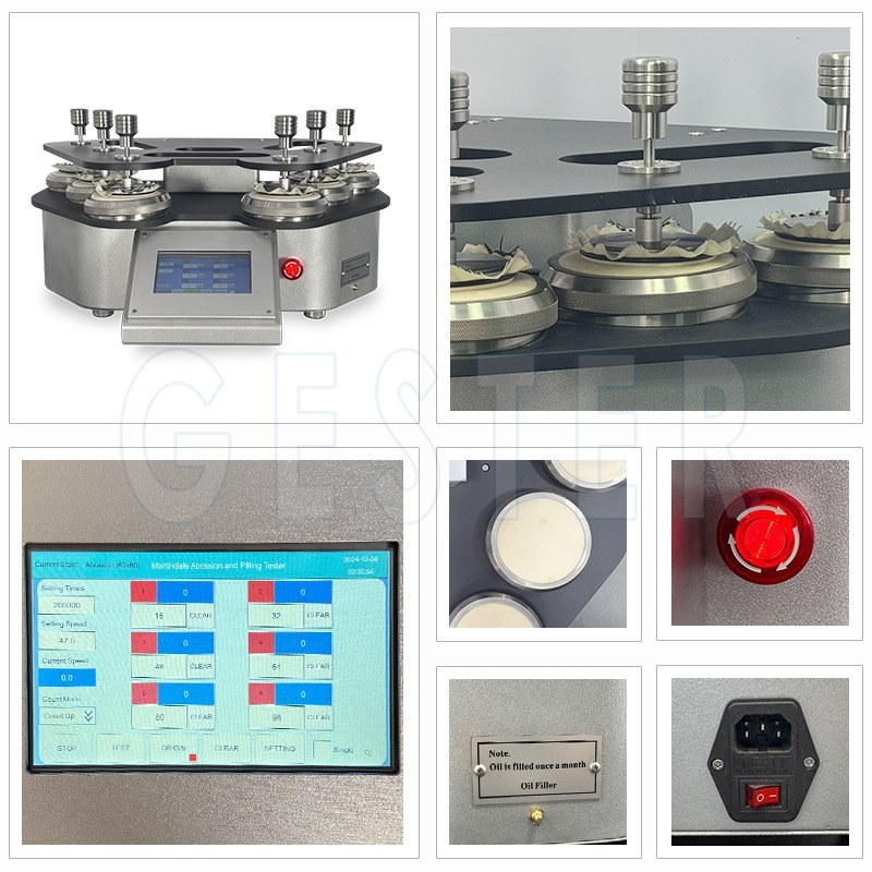 Textile abrasion resistance testing equipment in a quality control laboratory