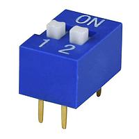 Same Sky (formerly CUI Devices) DS01-254-S-02BE DIP Switches DIP Switch, SPST, 2.54 pitch, raised actuator, flat bottom, Short pin, 2 position, Blue