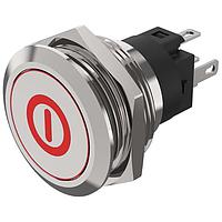 EAO 82-6151.2A14.B001 Anti-Vandal Illuminated pushbutton.maintained.22mm D-Shape.Stainless steel.Flush/flat.Illum symbol B001 On/Off red.24V.Ag.Plug In