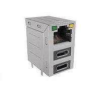 Amphenol Commercial Products RJE36188344CH Modular Stacked RJ45 over 2 Nos USB Type C LED G/Y 50 micro inch Contact Gold Plating