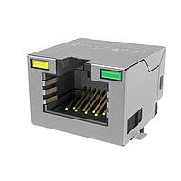 Amphenol Commercial Products RJE3C1886442 Modular 8P8C, RA, Cat6A, SMT, Sheild With No EMI Tabs, With LEDs