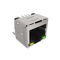 Amphenol Commercial Products RJE881881110 Low-Profile EMI-Quiet Modular Jack Connector Low Profile Vertical RJ45 THM w/ LED w/ Shield w/o EMI Tabs Au Flash Plating