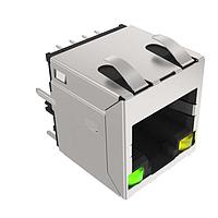 Amphenol Commercial Products RJE441881411 Connectors 8P8C, High Speed Vertical, Through Hole Mount, CAT5E, Shield with EMI Tabs, With Green and Yellow LED