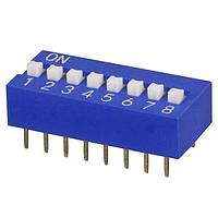 Same Sky (formerly CUI Devices) DS01-254-S-08BE DIP Switches DIP Switch, SPST, 2.54 pitch, raised actuator, flat bottom, Short pin, 8 position, Blue