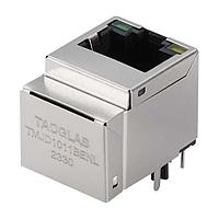 Taoglas TMJD1011BENL Magnetic Jack RJ45 ICM, 10/100 Base-T, 1x1, Vertical, 8 pin THT, T+CMC, Shielded w/step, LED, Commercial grade