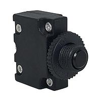 Carling Technologies CMB-203-11C3N-B-A Thermal 1-pole, Miniature Push-To-Reset Button, 125-250 VAC/ 32 VDC 20 amp circuit breaker,  interrupting capacity 0.250 Tab (Q.C.) terminals M11 Front Panel Plastic Bushing with Round Plastic Nut UL 1077 Recognized cUL UL 1500 Recognized